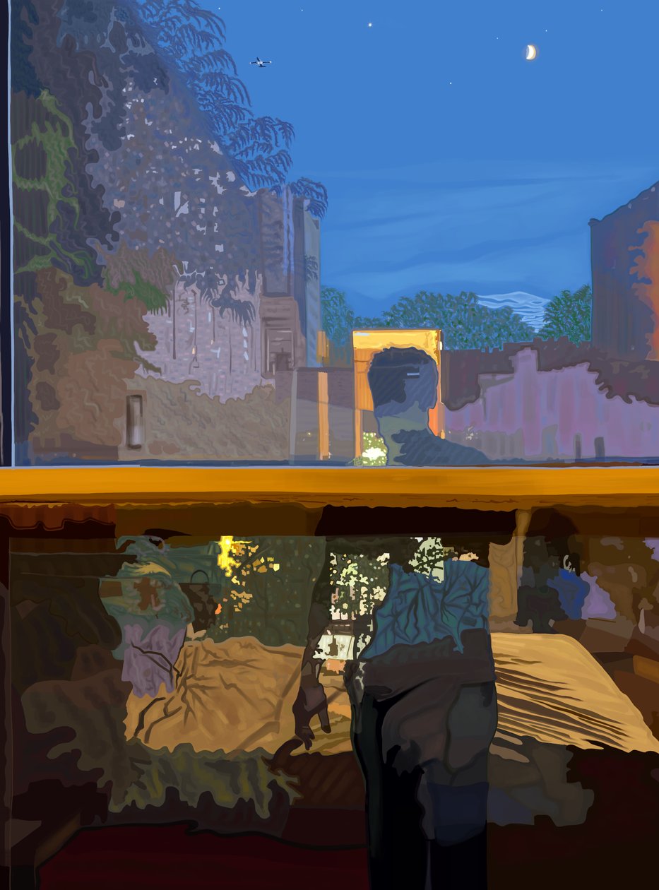 Hombre reflejado en la ventana del dormitorio por la noche (arte digital) de Evan Sklar