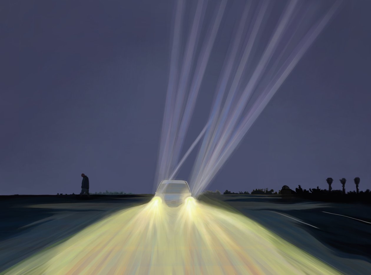 Hombre caminando por el aparcamiento de Lighthouse Beach por la noche, Chatham, Mass (arte digital) de Evan Sklar