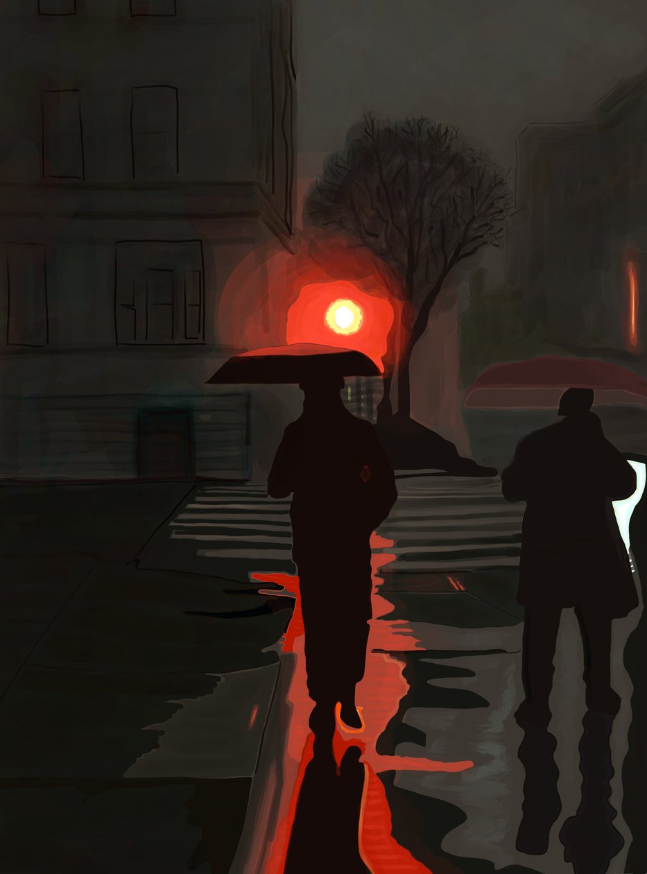 Hombre caminando bajo la lluvia de noche (arte digital) de Evan Sklar