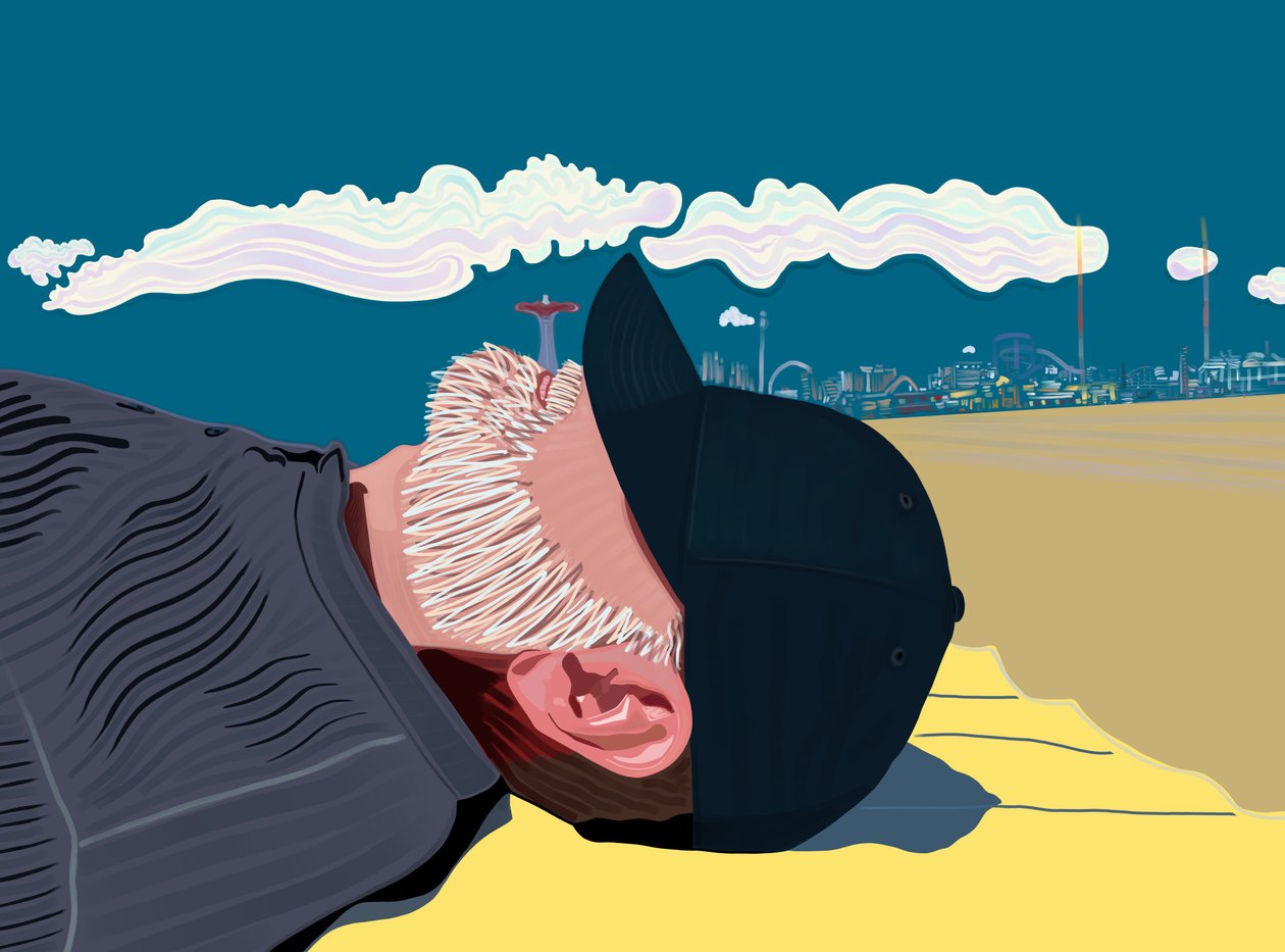 Hombre con barba en la playa de Coney Island (arte digital) de Evan Sklar