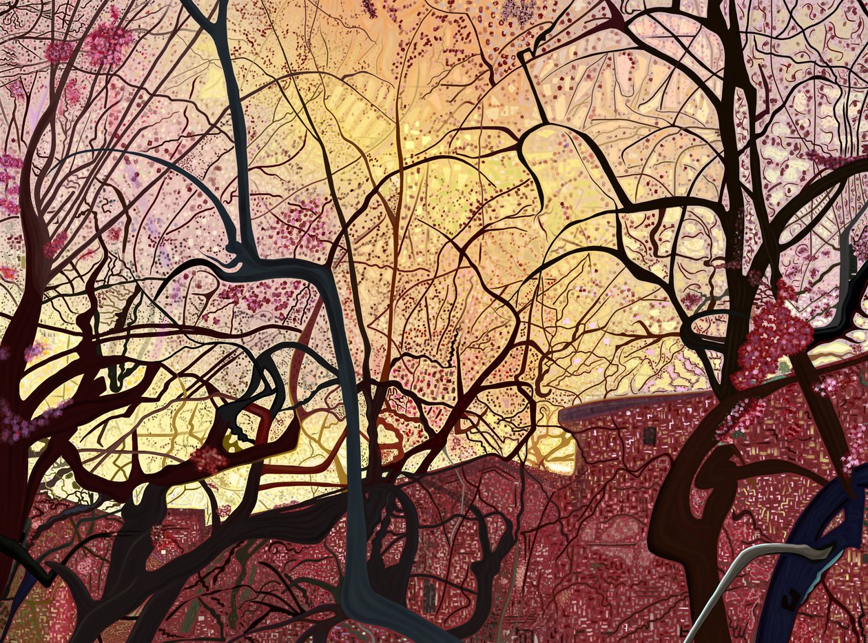 Cielo naranja, edificios y árboles en primavera (arte digital) de Evan Sklar