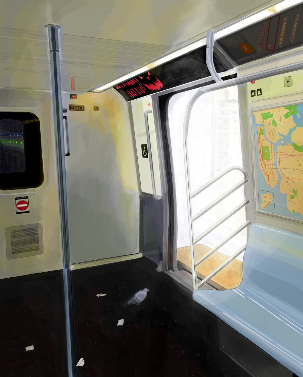Paloma en el metro (arte digital) de Evan Sklar