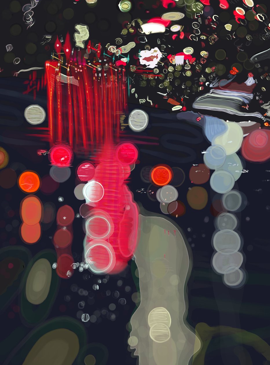Lluvia y luz reflejadas en el parabrisas, Brooklyn (arte digital) de Evan Sklar