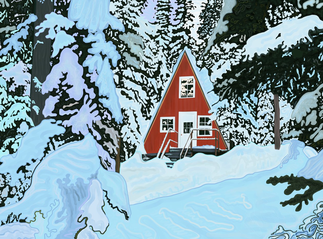 Rojo, una casa de madera en la nieve por la noche (arte digital) de Evan Sklar