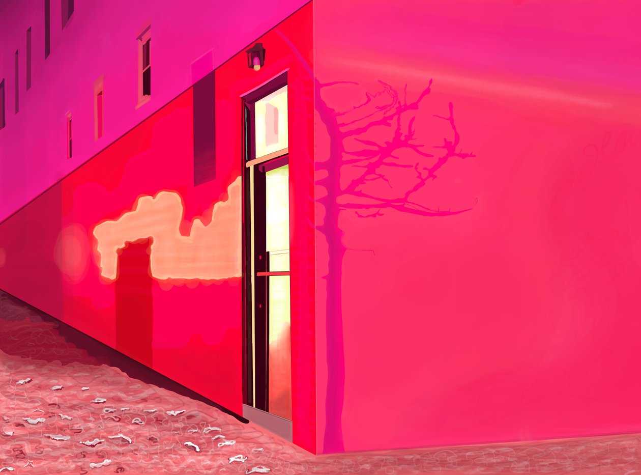 Luz roja de la sirena y sombras de un pequeño árbol en el lateral de un edificio de la calle 12 en una noche nevada (arte digital) de Evan Sklar