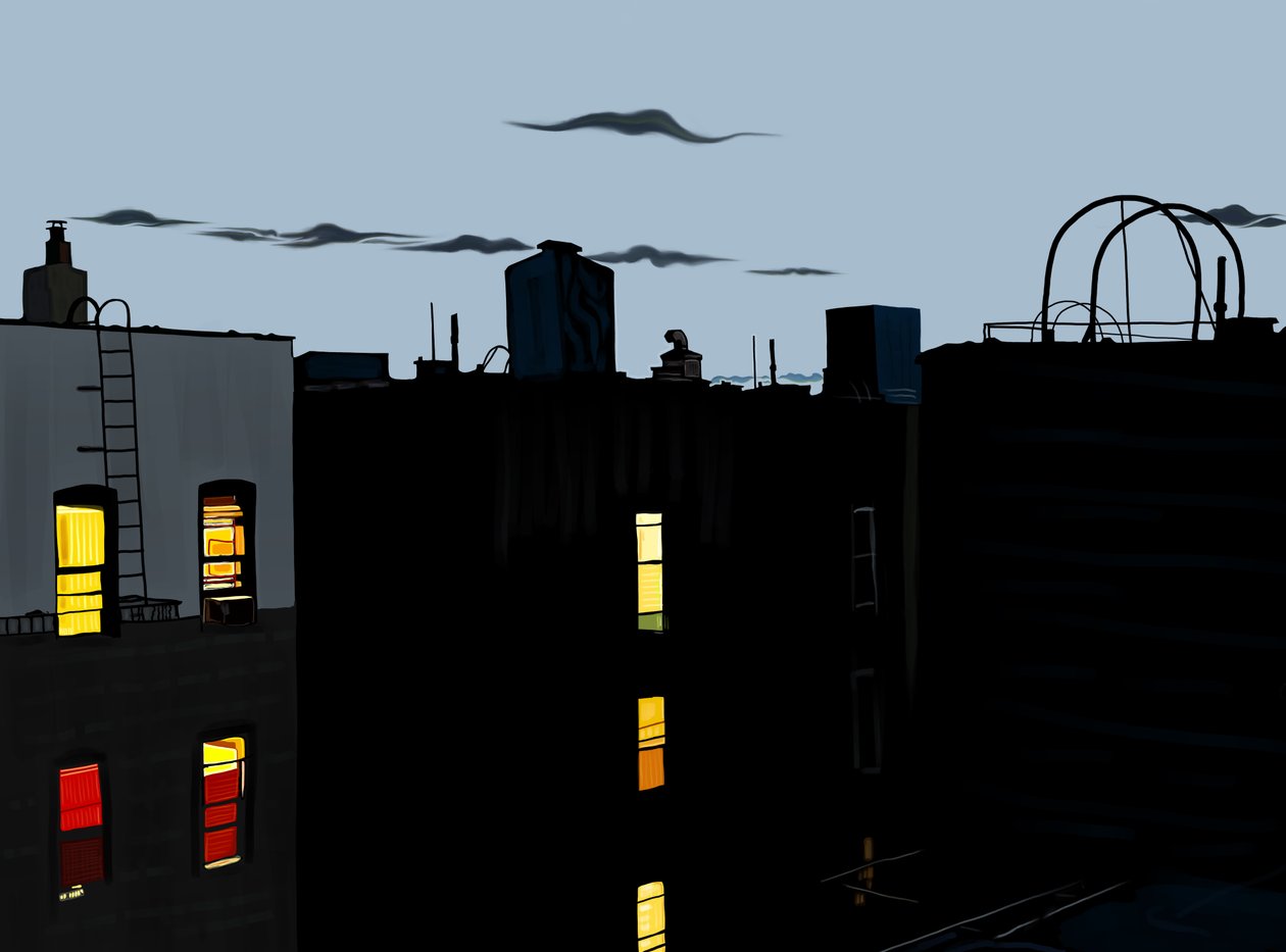 Tejados y edificios en una noche de verano (arte digital) de Evan Sklar