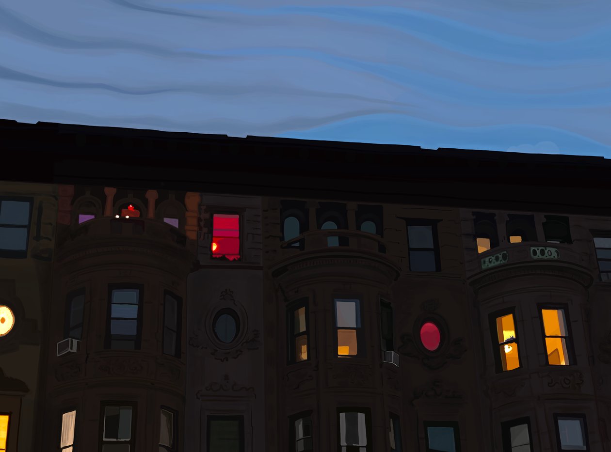 Row Houses With Colorful and Illuminated Windows, Brooklyn (arte digital) de Evan Sklar
