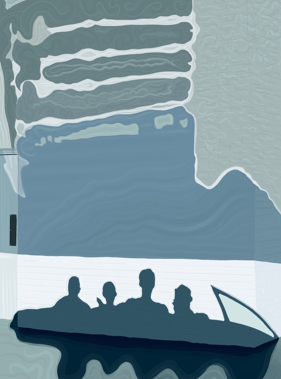 Sombra de coche y pasajeros en fachada de hotel, c.2020-24 (arte digital) de Evan Sklar