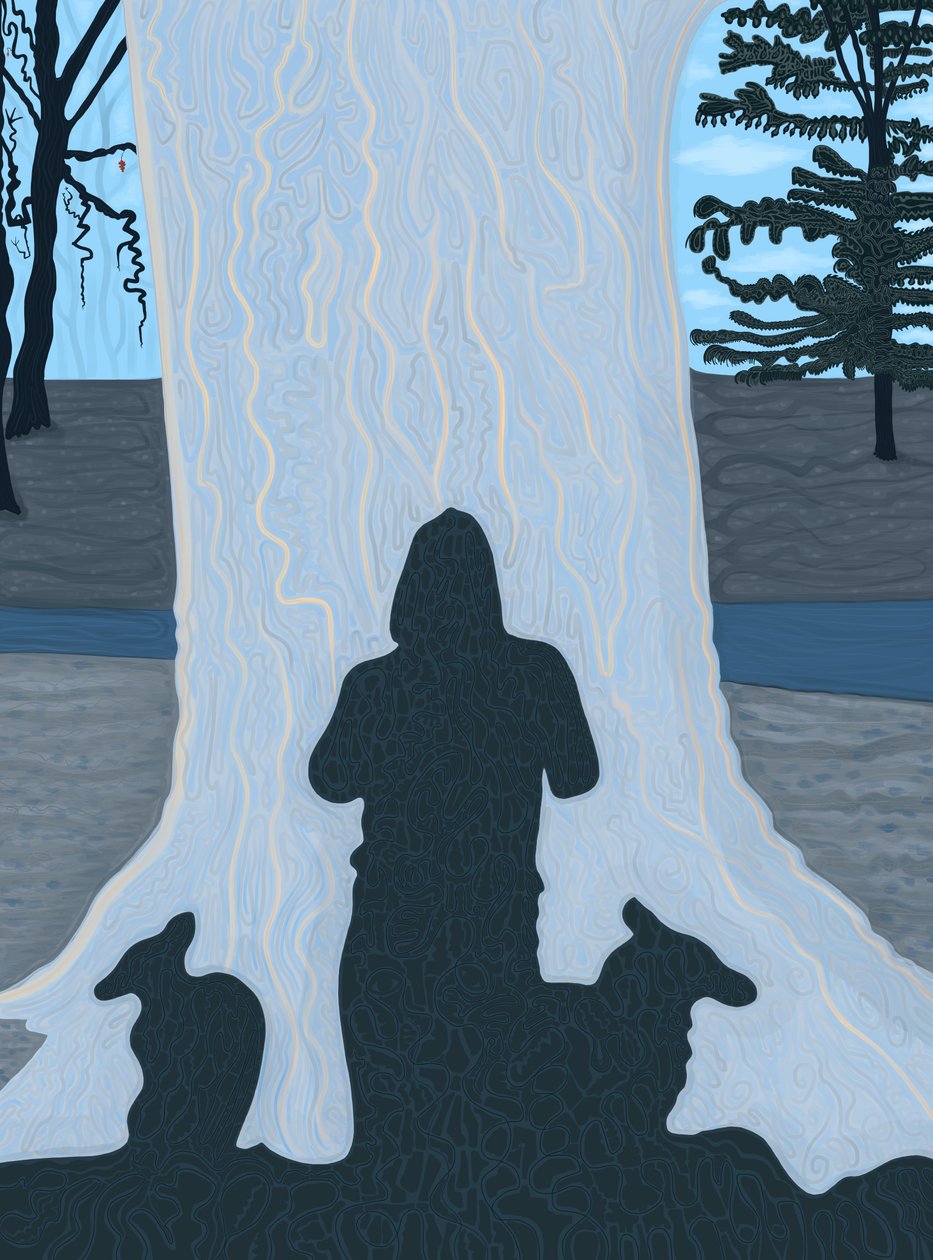 Sombra de hombre y perros sobre tronco de árbol, Brooklyn (arte digital) de Evan Sklar