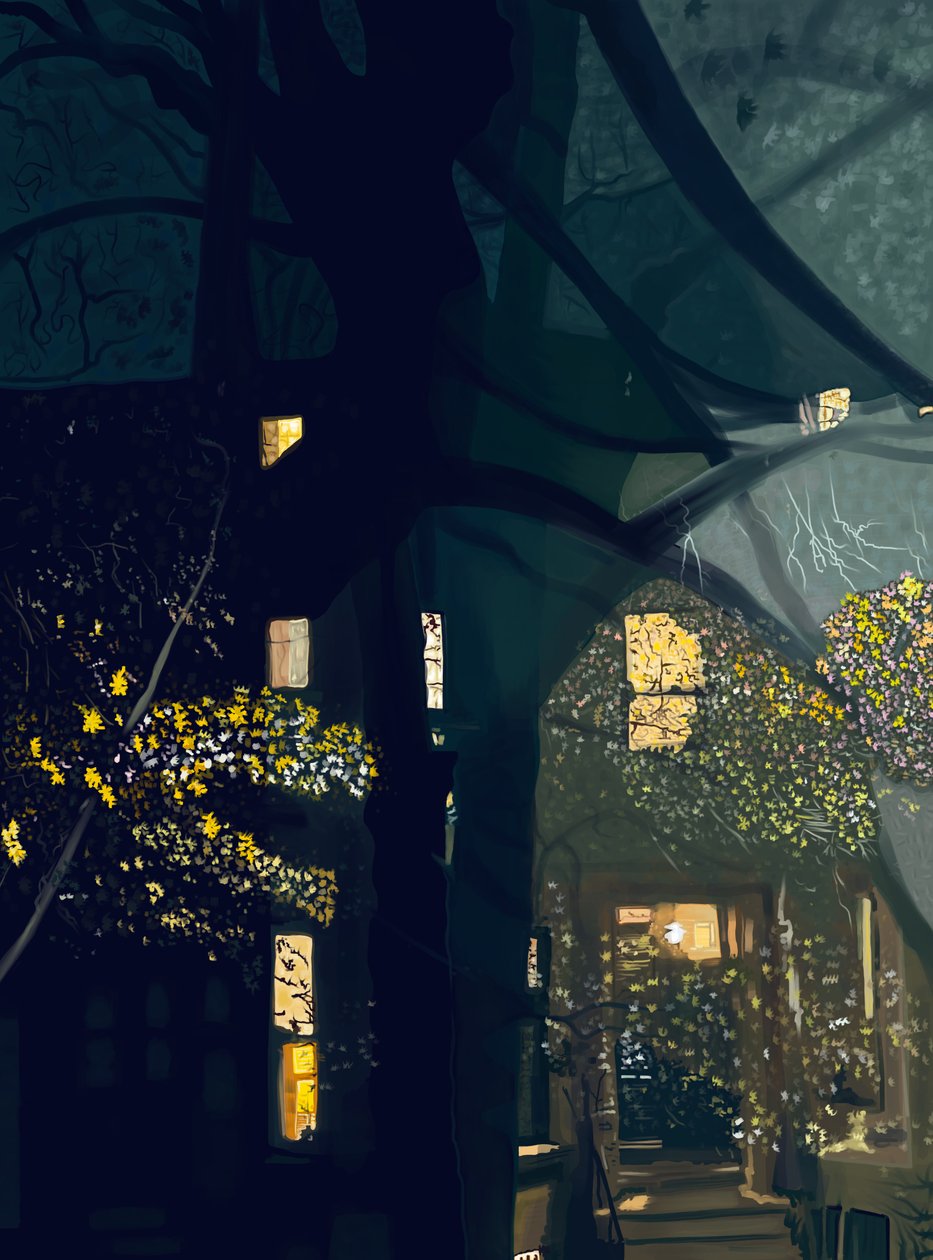 Sombras en la ventana y vista de la calle por la noche (arte digital) de Evan Sklar