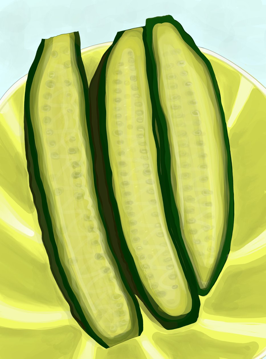 Pepinos en rodajas sobre un plato (arte digital) de Evan Sklar