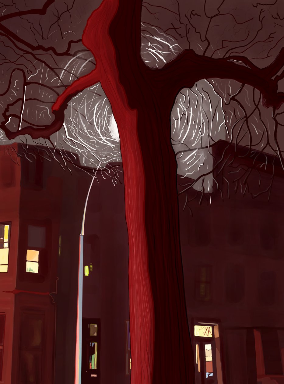 Calle y árbol de noche iluminados por sirenas y farola (arte digital) de Evan Sklar