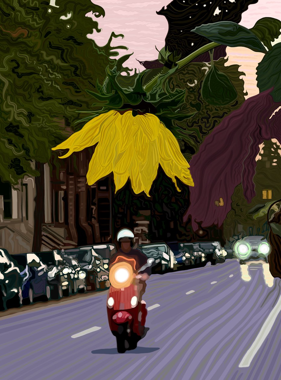 Girasol y hombre conduciendo una moto roja (arte digital) de Evan Sklar