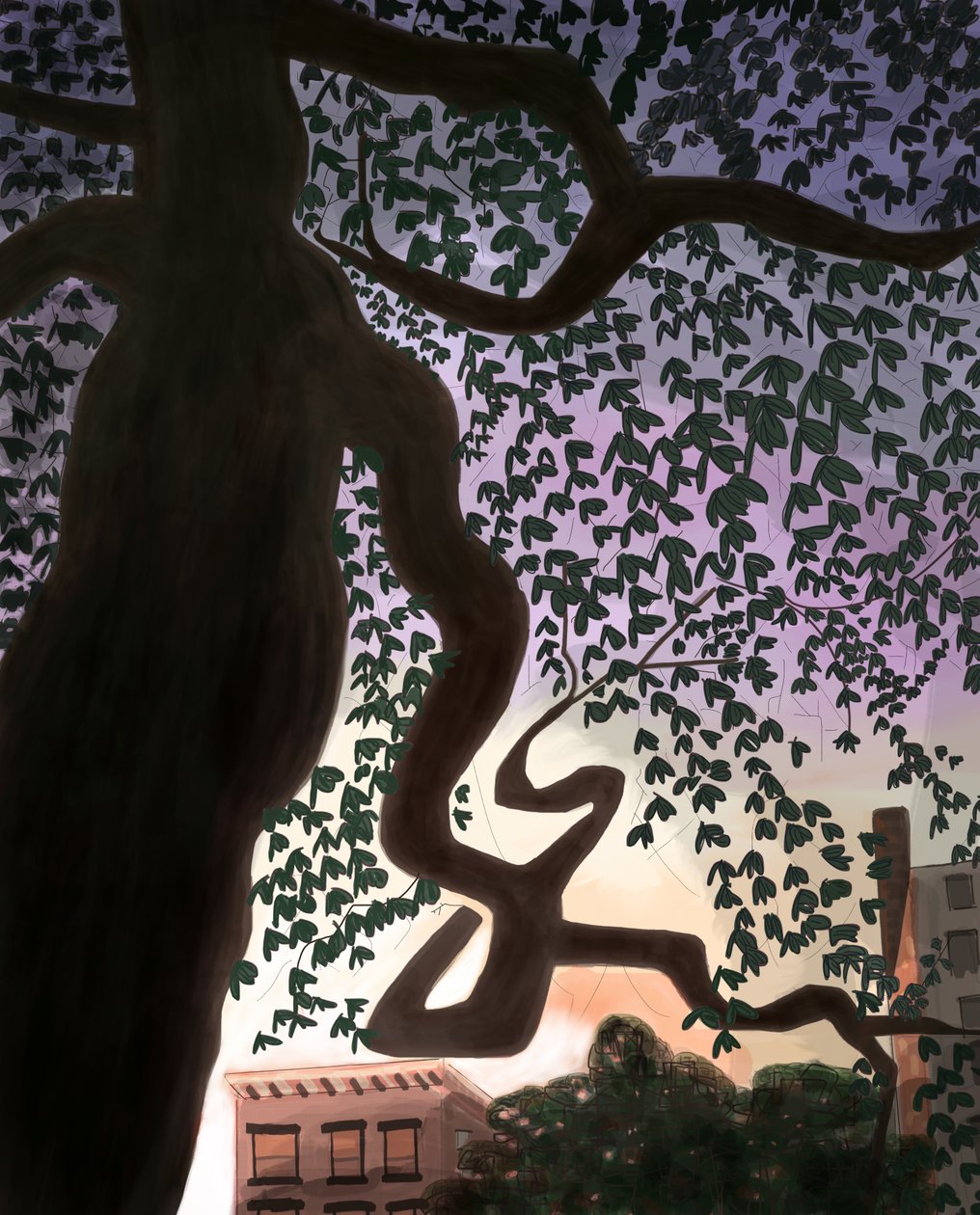 Árbol y avenida al atardecer, 2016 (dibujado a mano en un iPad con un lápiz Apple) de Evan Sklar