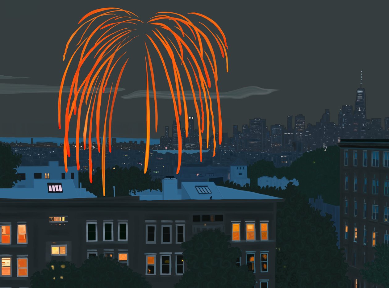 Vista del puerto y el horizonte de Nueva York con fuegos artificiales desde Brooklyn (arte digital) de Evan Sklar