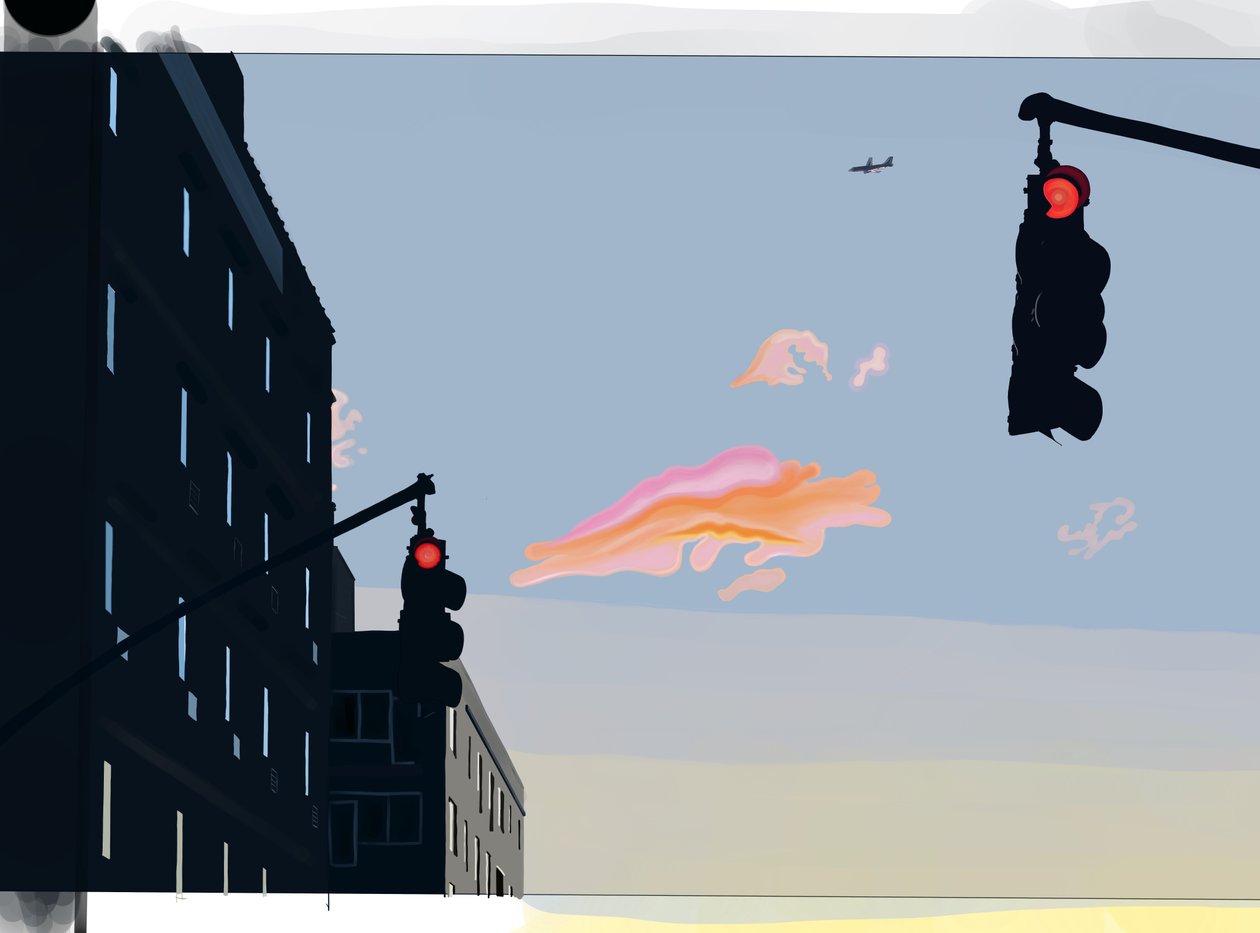 Vista del cielo en la intersección de Gowanus (arte digital) de Evan Sklar