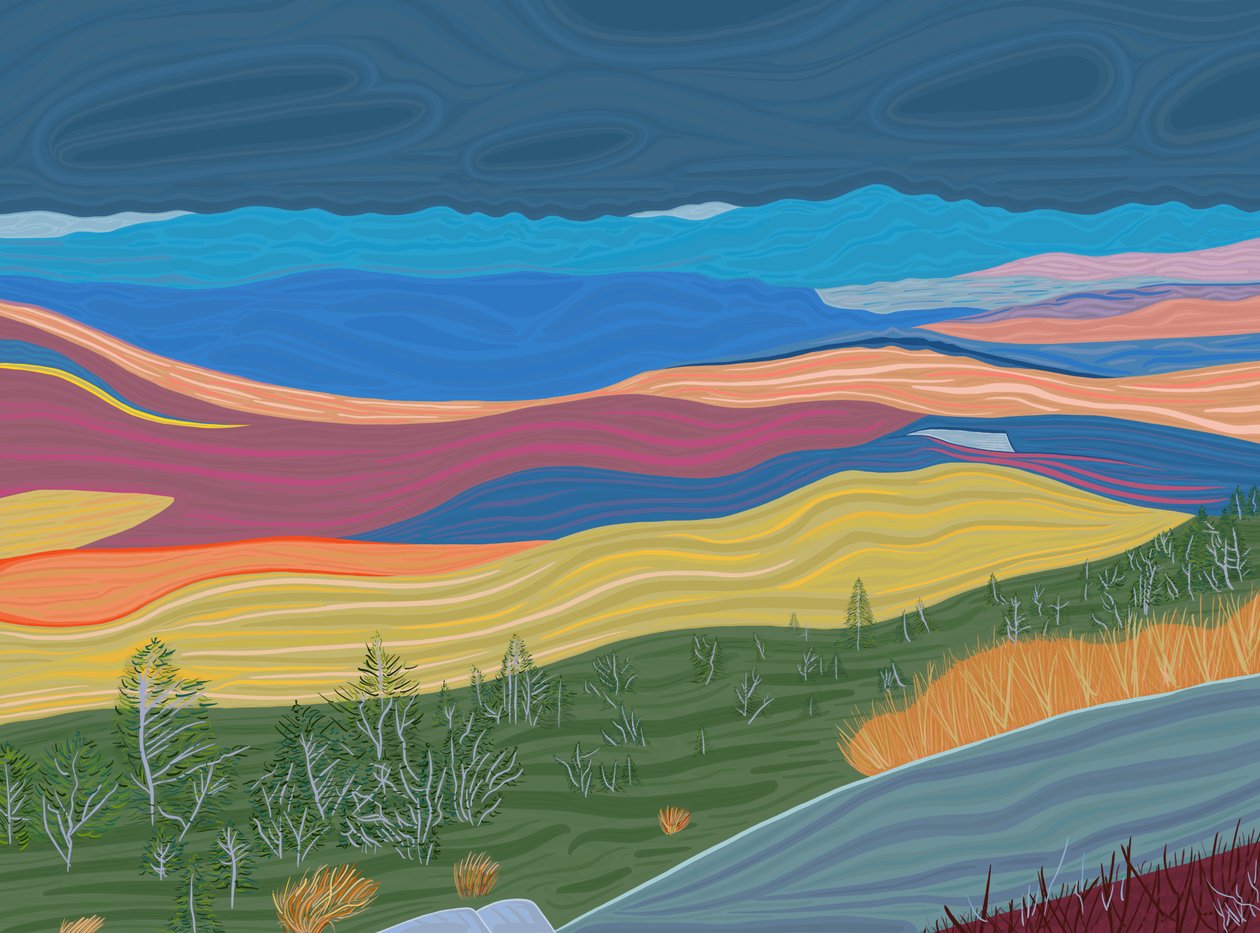 Vista de las montañas Catskill en otoño (arte digital) de Evan Sklar