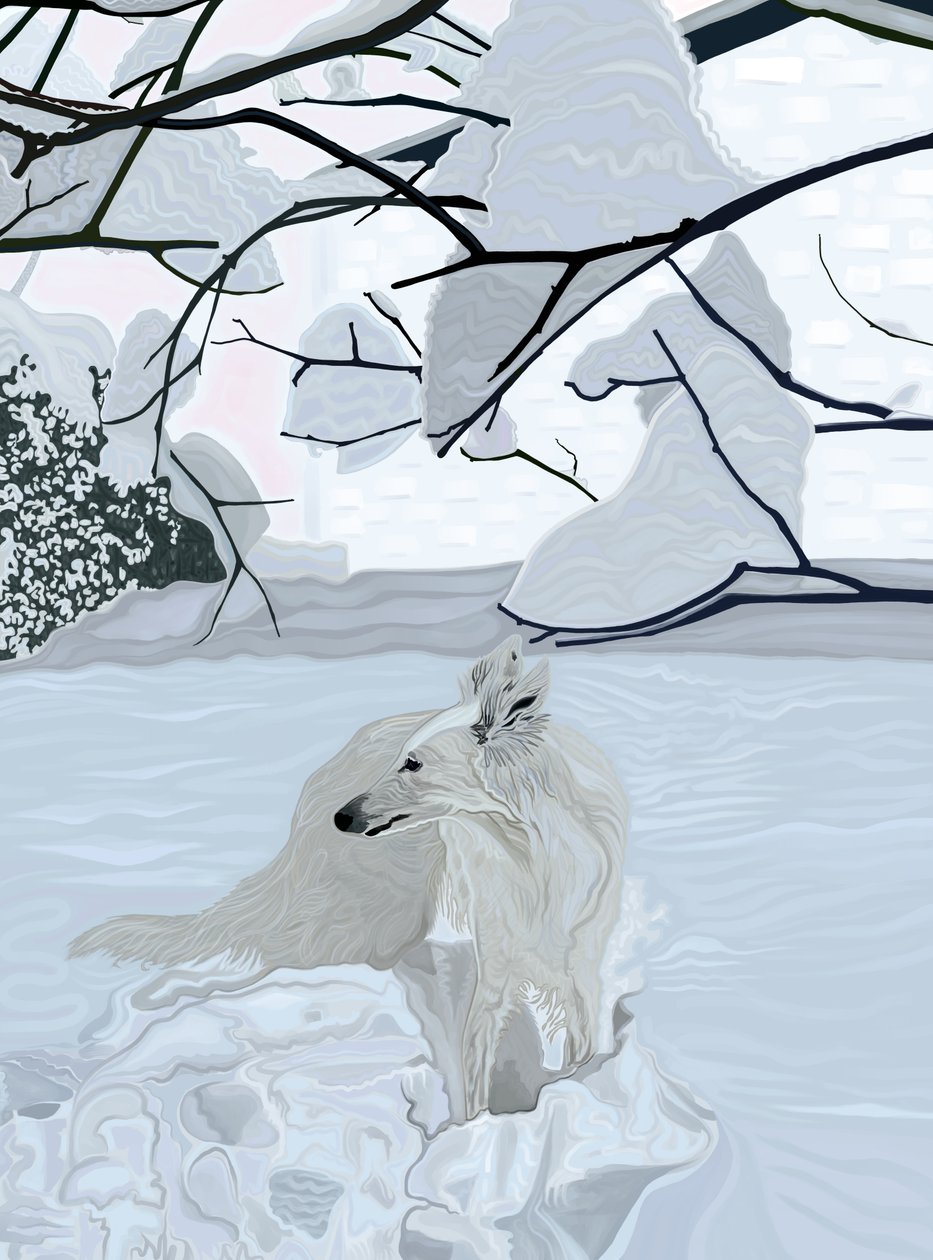 Perro blanco en la nieve (arte digital) de Evan Sklar