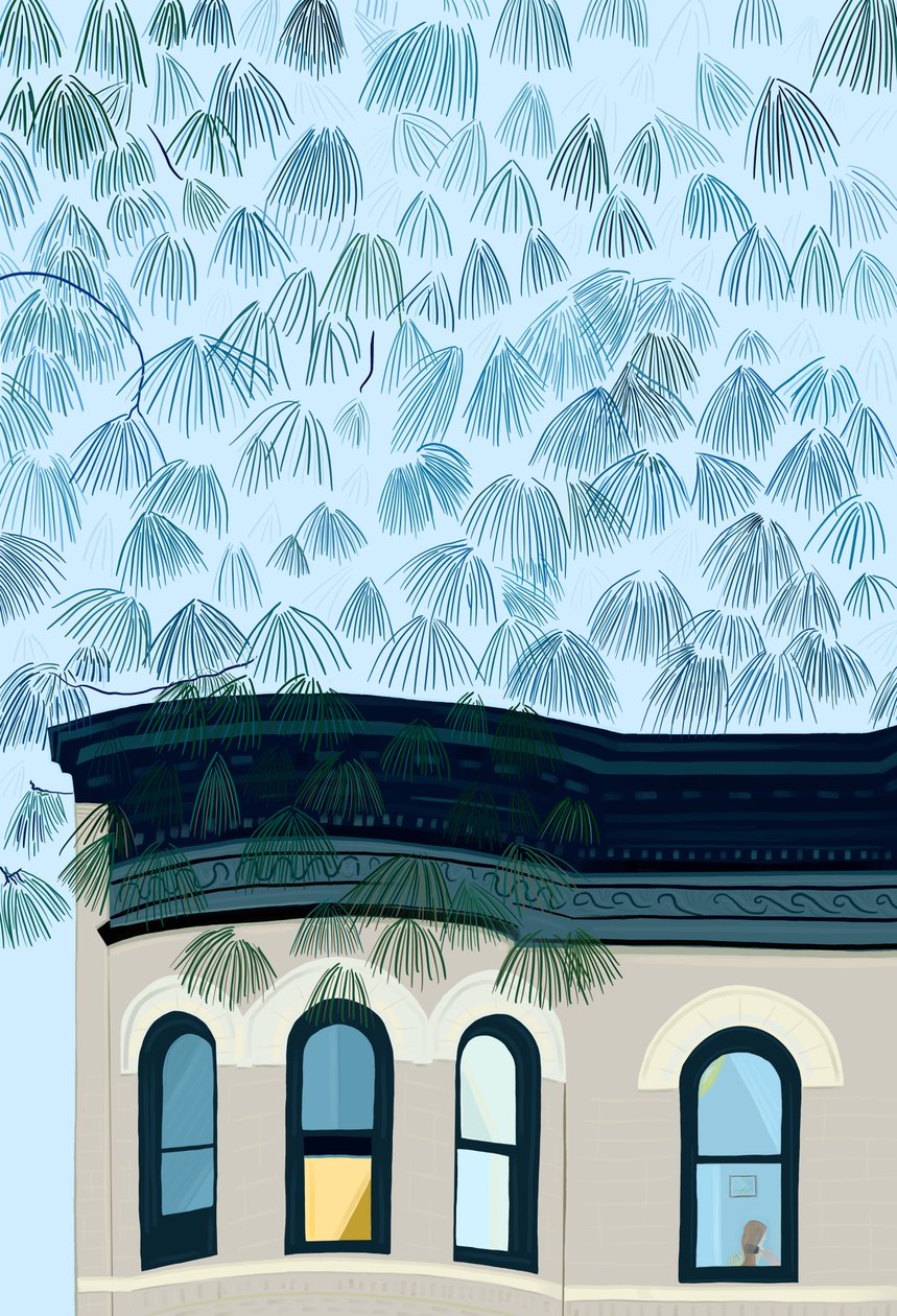 Mujer cepillándose el pelo en una ventana, c.2020-24 (arte digital) de Evan Sklar