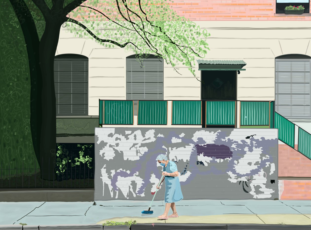 Mujer barriendo la acera, Brooklyn (arte digital) de Evan Sklar