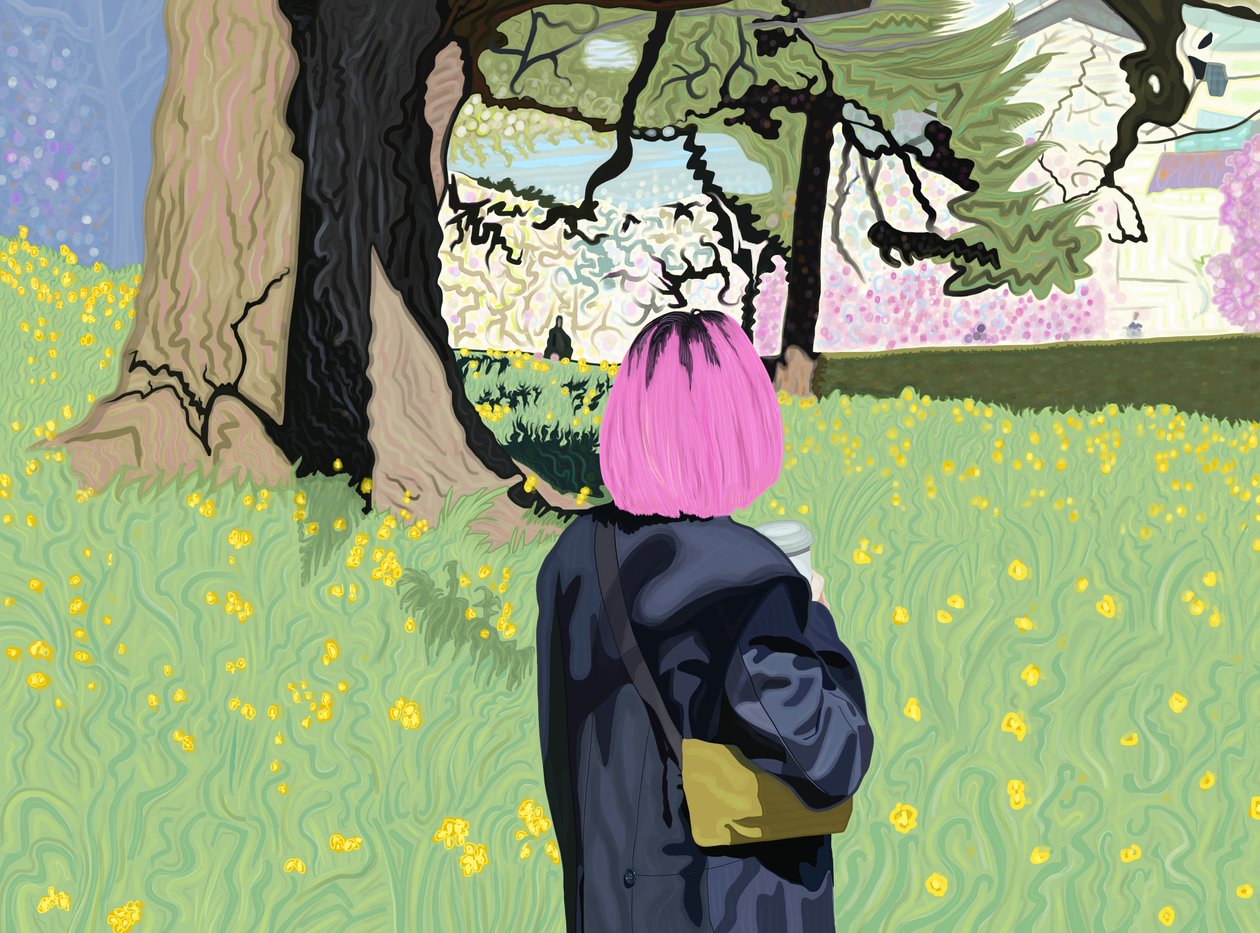 Mujer Wirth Pelo rosa y campo de narcisos (arte digital) de Evan Sklar