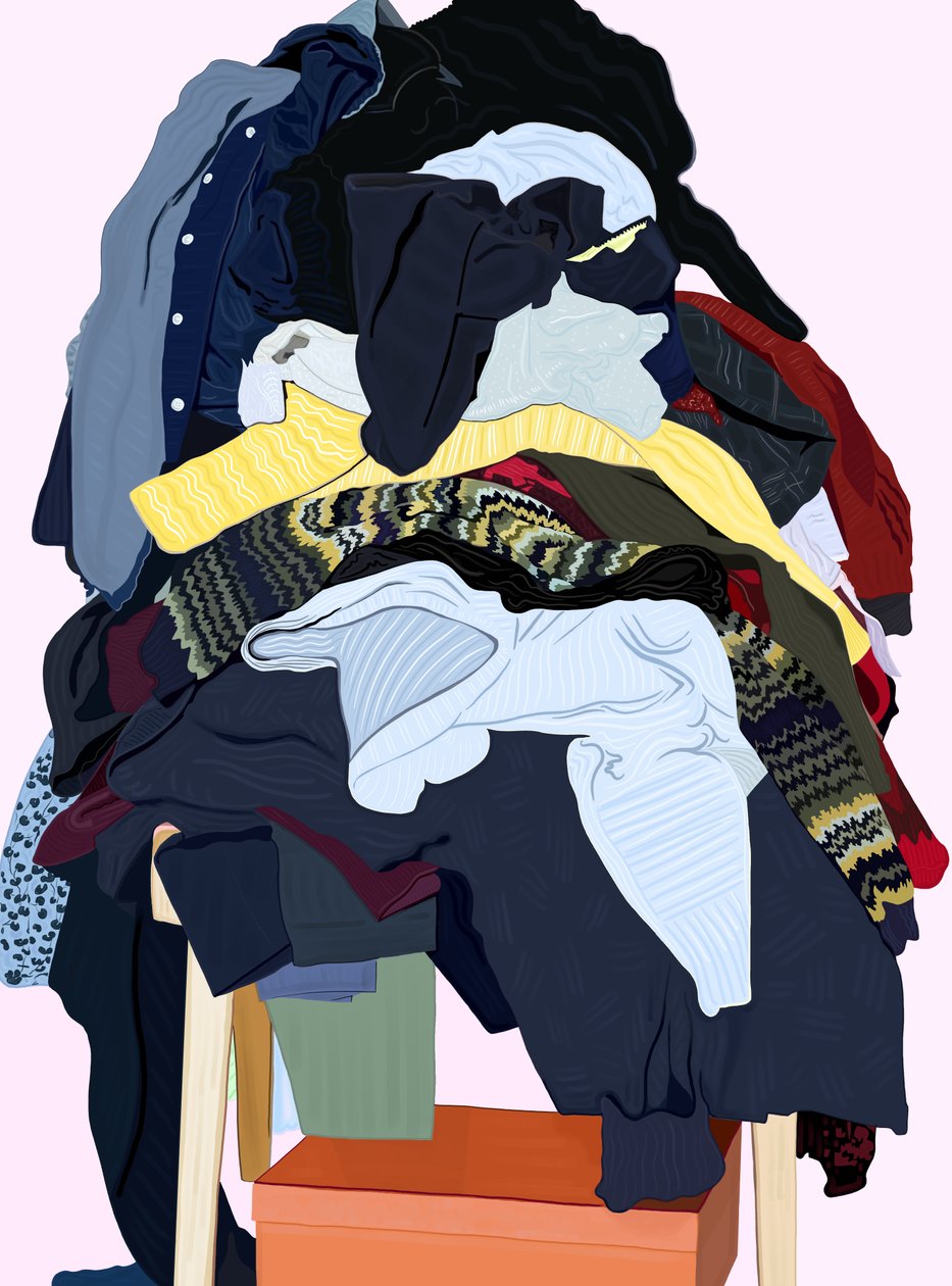 Ropa de mujer apilada en una silla (arte digital) de Evan Sklar