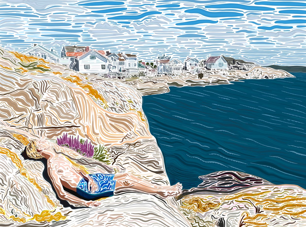 Joven junto al mar en verano tomando el sol en las rocas. (arte digital) de Evan Sklar