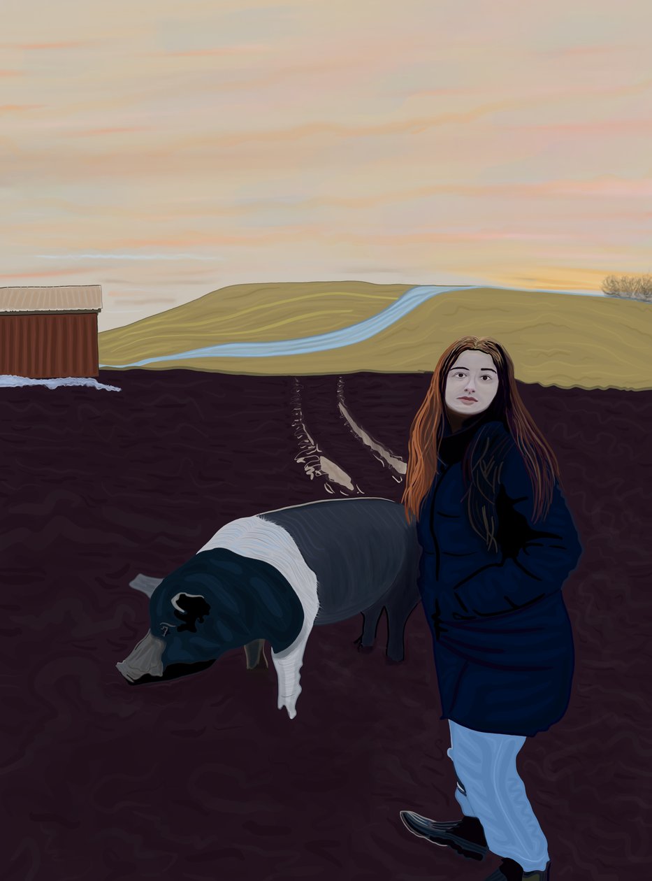 Mujer joven y cerdo, c.2020-24 (arte digital) de Evan Sklar
