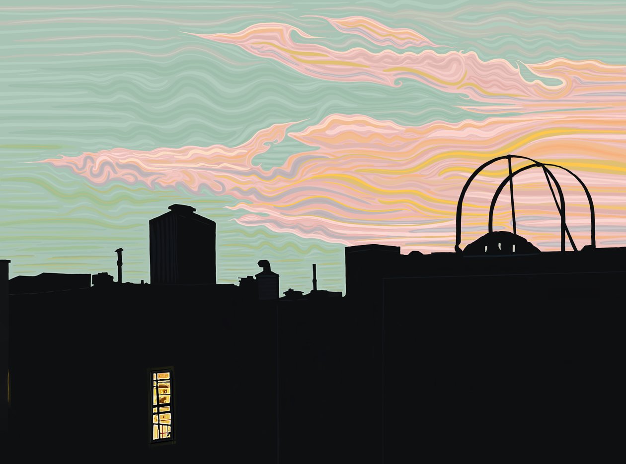 tejado y nubes puntiagudas al atardecer (arte digital) de Evan Sklar