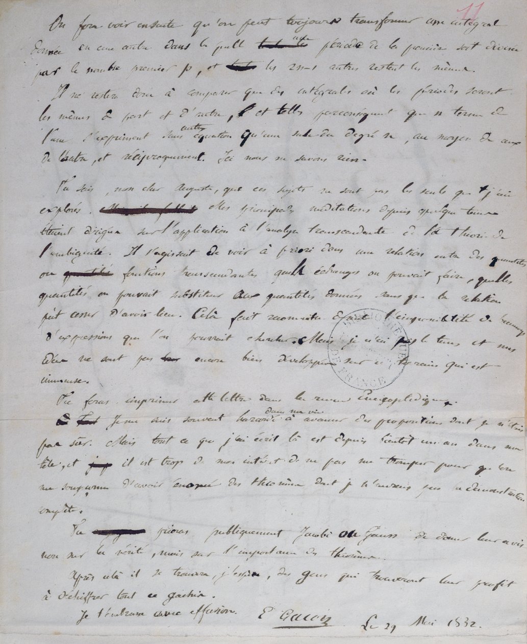 Ms 2108 fol.11r Carta de Gallois a Auguste Chevalier, 29 de mayo de 1832 de Evariste Gallois
