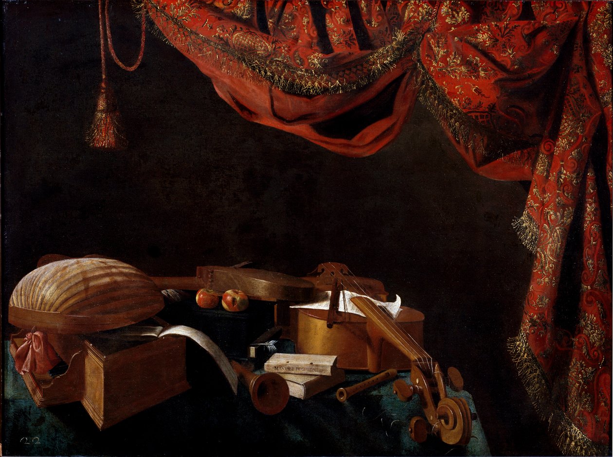 Naturaleza muerta con instrumentos musicales y libros de Evaristo Baschenis