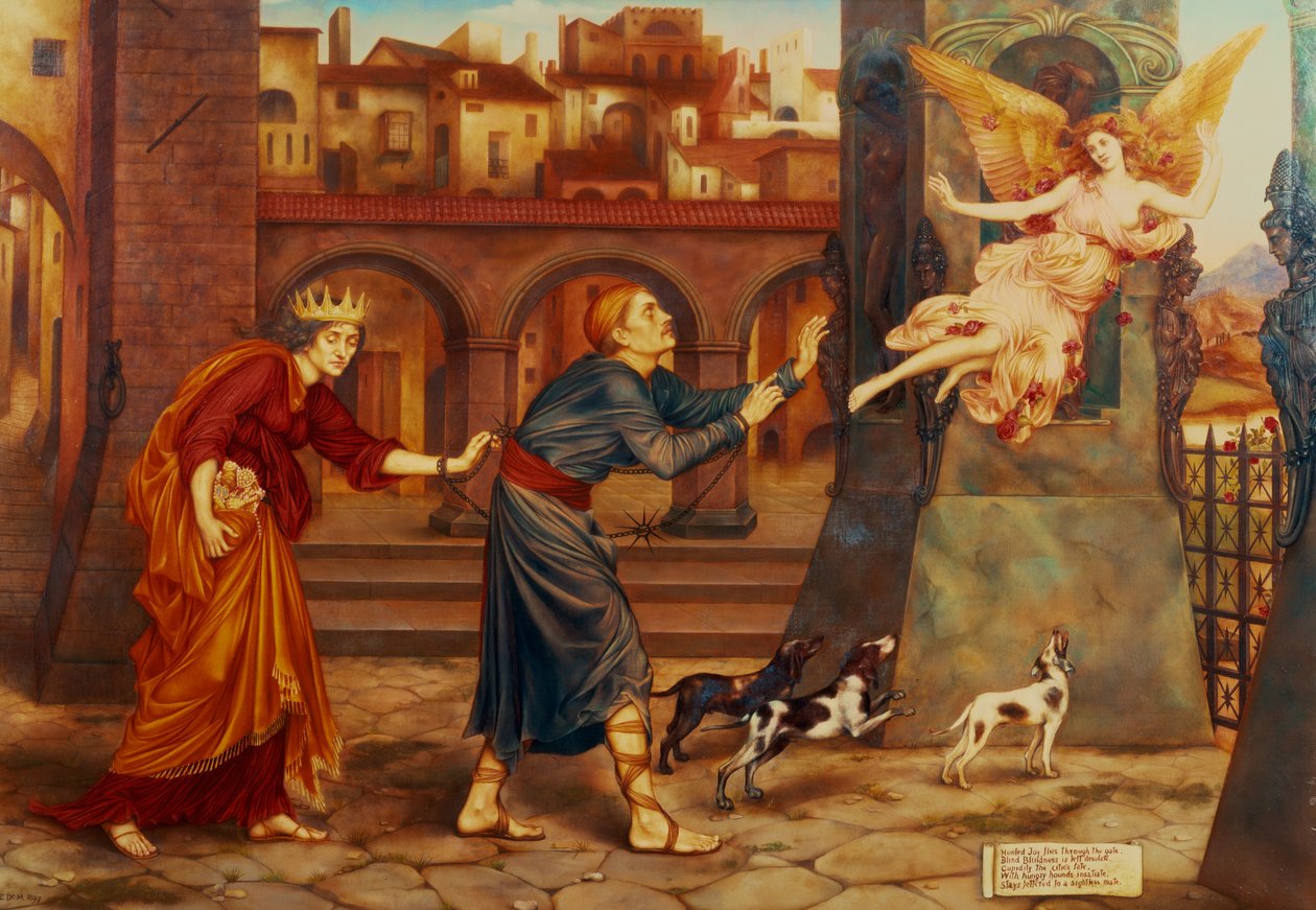 La ceguera y la codicia persiguiendo la alegría de la ciudad, 1897 de Evelyn De Morgan