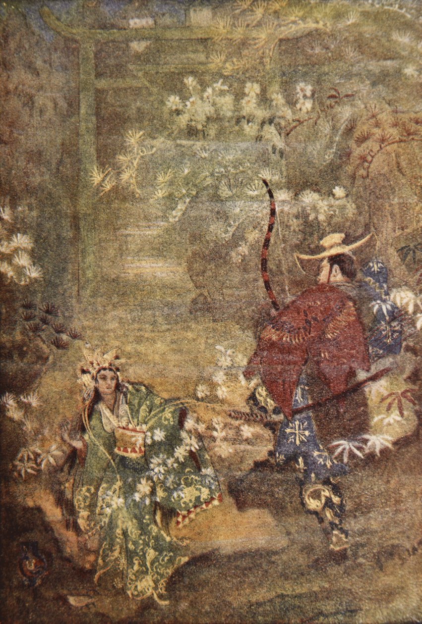 Hoori y la hija del dios del mar, ilustración de "The Myths and Legends of Japan" de F Hadland Davis de Evelyn Paul
