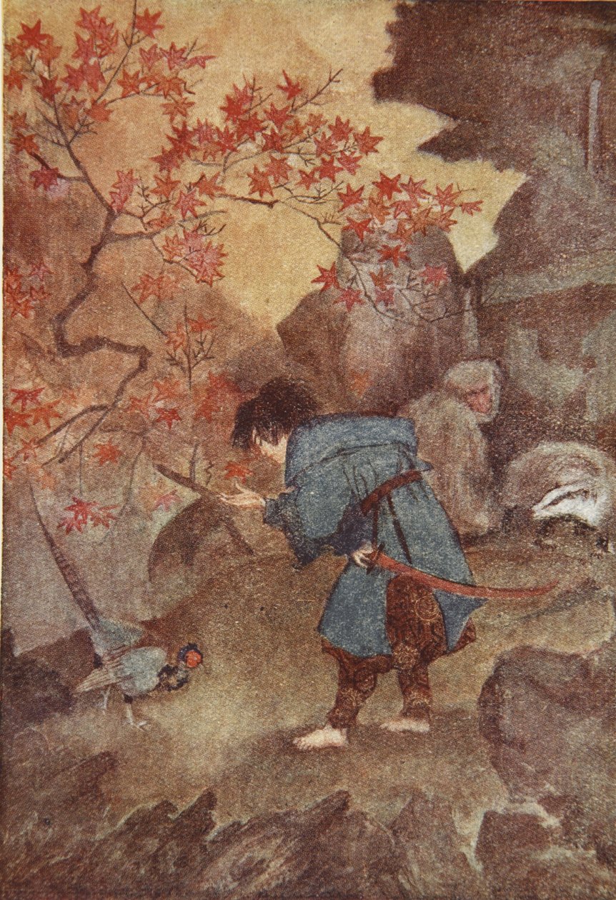 Momotaro y el faisán, ilustración de "The Myths and Legends of Japan" de F Hadland Davis de Evelyn Paul