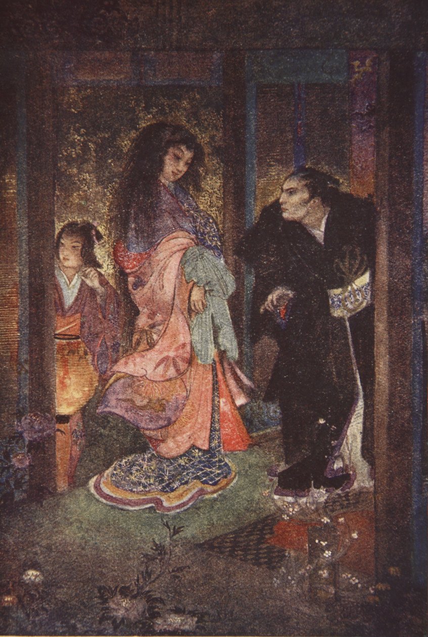 Shinzaburo reconoció a Tsuyu y a su criada Yone, ilustración de "The Myths and Legends of Japan" de F. Hadland Davis de Evelyn Paul