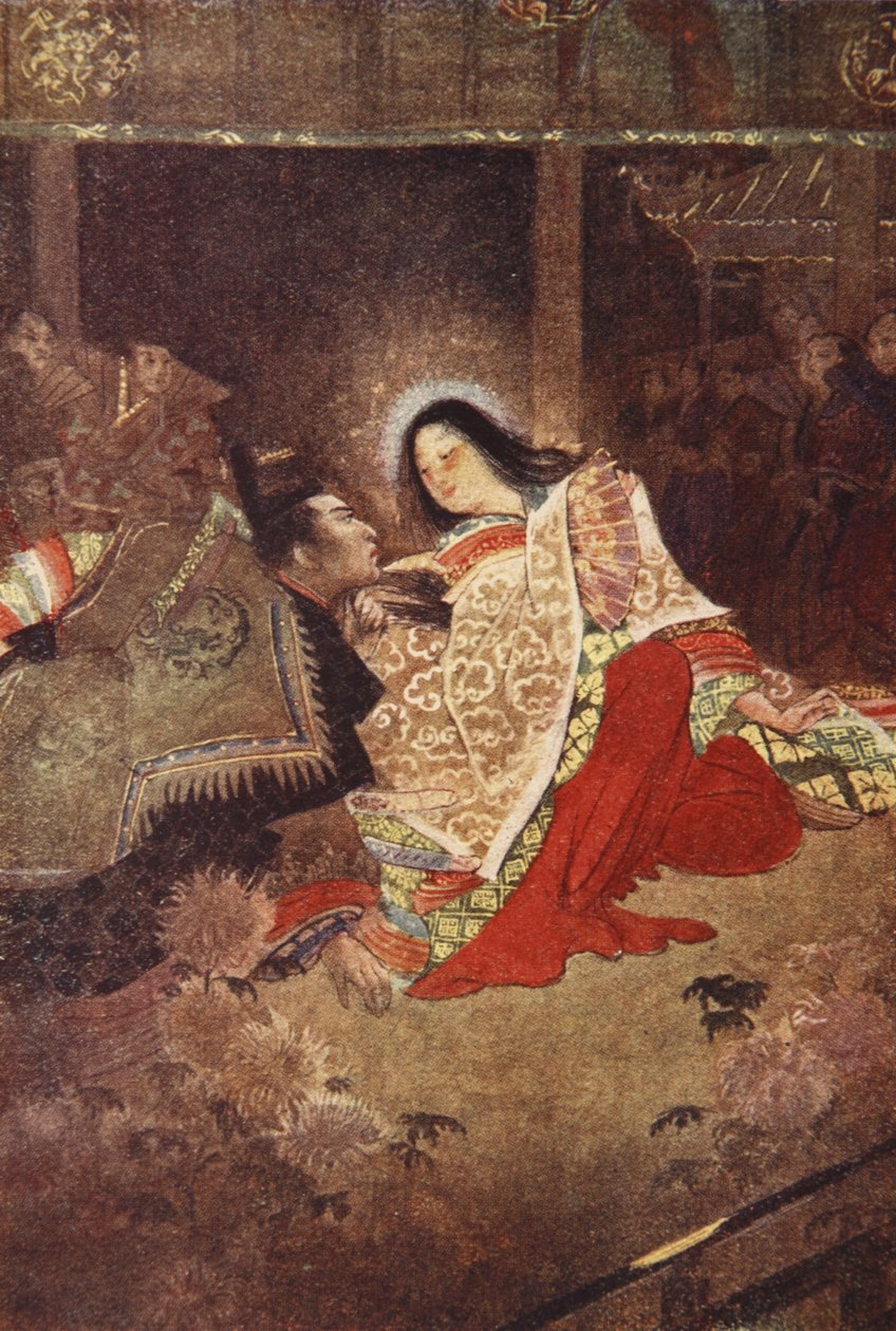 El Mikado y la doncella de las joyas, ilustración de "The Myths and Legends of Japan" de F Hadland Davis de Evelyn Paul
