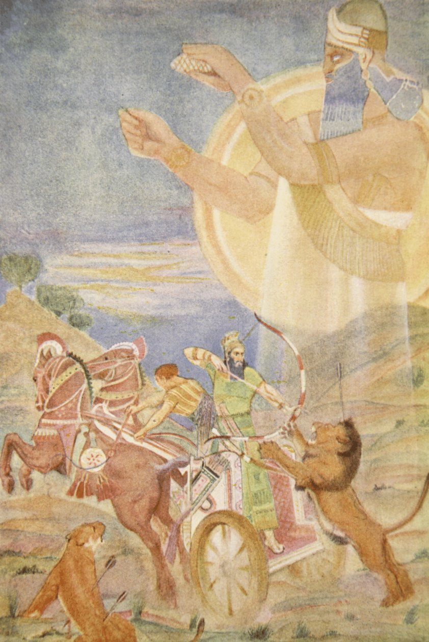 Tiglat-Pileser I dirigido por Ninib, ilustración de "Myths and Legends of Babylonia and Assyria" de Lewis Spence de Evelyn Paul