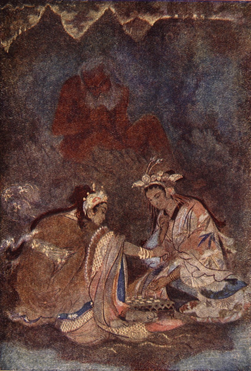 Visu en el monte Fuji-Yama, ilustración de "The Myths and Legends of Japan" de F. Hadland Davis de Evelyn Paul