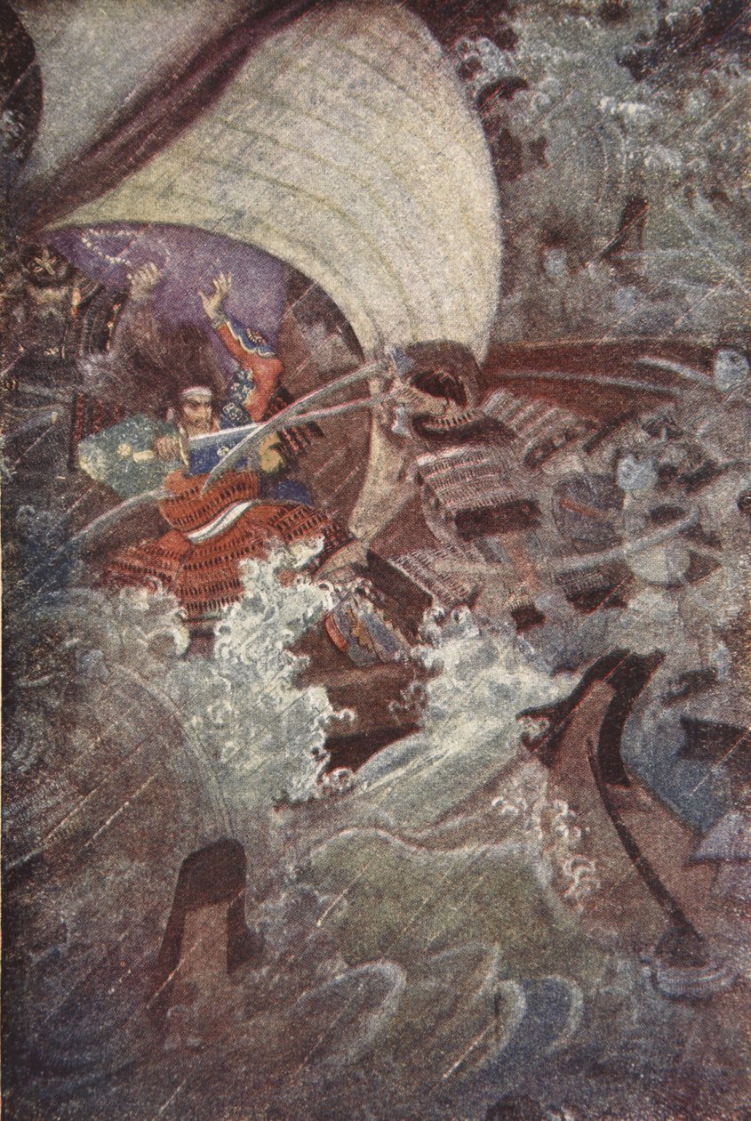Yoshitsune y Benkei atacados por una compañía fantasmal del Clan Taira, ilustración de 
