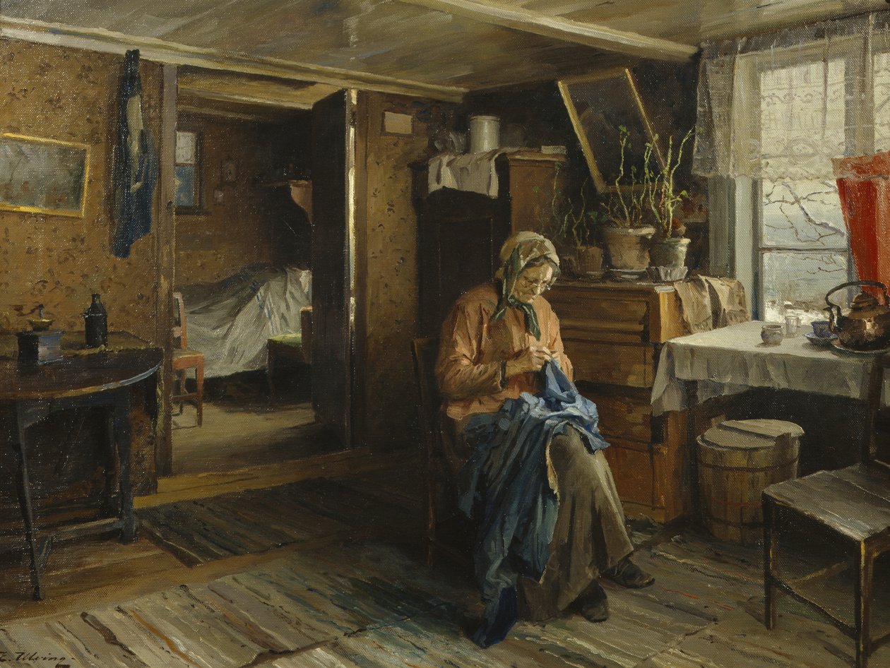 Esposa en interior de granjero (óleo sobre lienzo) de Even Ulving