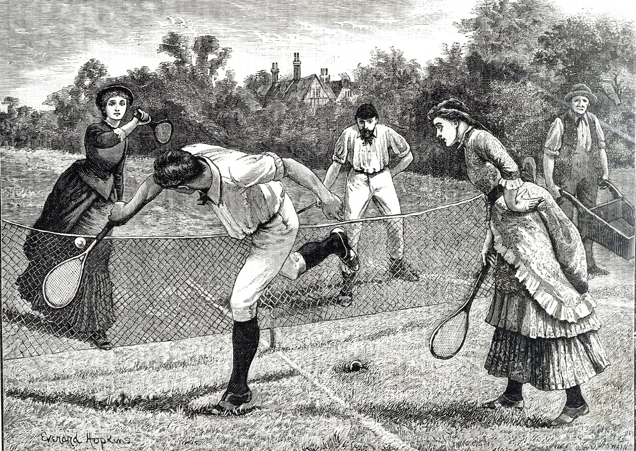 Grabado que representa un amistoso partido de dobles de tenis de Everard Hopkins