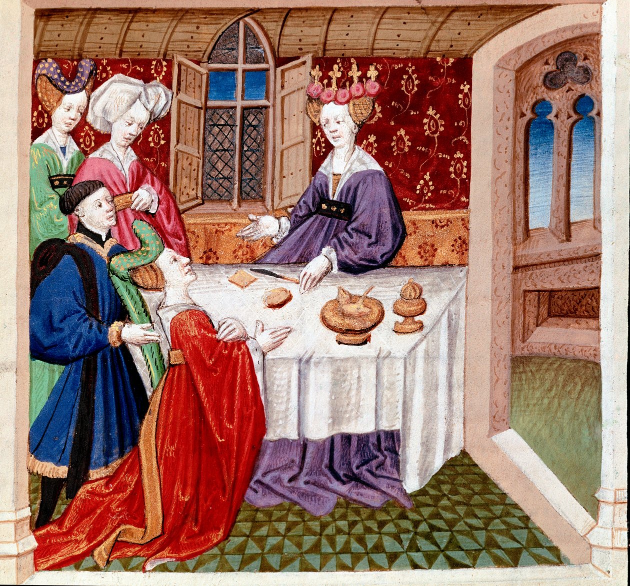 Iseut (o Iseult) implora la protección de la reina Guenevre sentada a su mesa. Miniatura extraída del "Romanesque du Chevalier Tristan et de la reine Yseult" de Gassien de Poitiers iluminado por Everard de Espinques (Evrard d