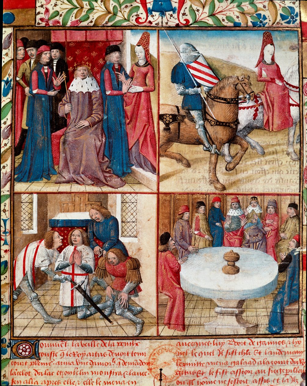 El Rey Arturo celebrando la corte, Lancelot conducido por una dama a la abadía, suavizando de Galahad (Gaalad o Galaad) a la abadía y los caballeros de la Mesa Redonda alrededor del Santo Grial Página del manuscrito "Romano del caballero Tristán y la reina de Everard de Espinques