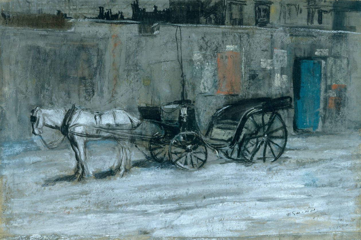 París, caballo y carruaje, c.1900-05 (carboncillo, tiza y pastel sobre cartón) de Everett Shinn