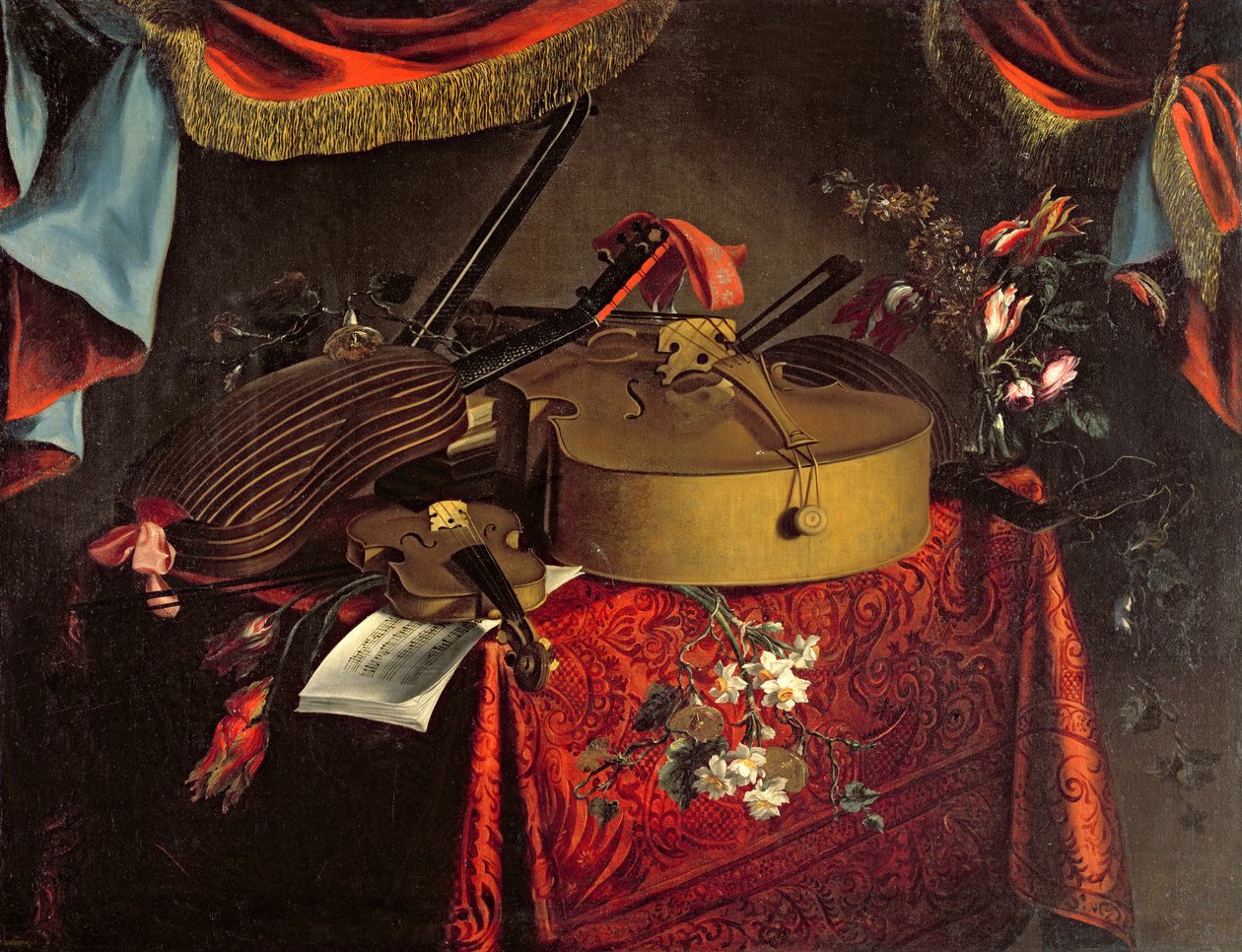 Naturaleza muerta de instrumentos musicales en una mesa con flores de Evert Collier
