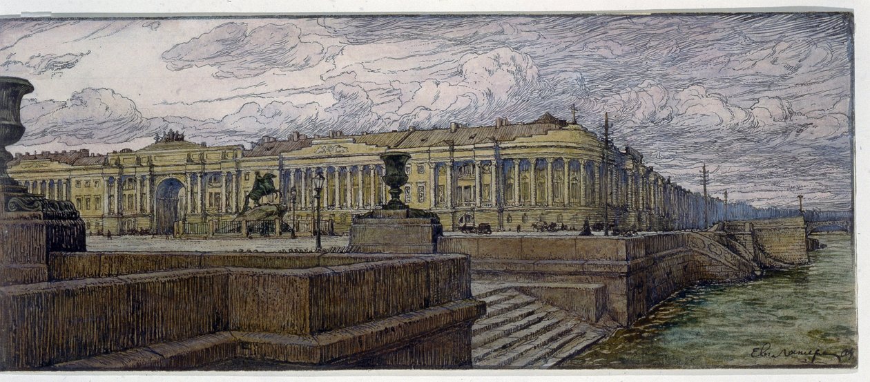 La place du Senat a Saint Petersbourg (La plaza del Senado en San Petersburgo). Description des batiments sur la rive de la Neva. Obra de Evgeny Evgenyevich Lanceray (Eugene Lansere) (1875-1946), litografía de Evgeni Evgenievitch Lanceray