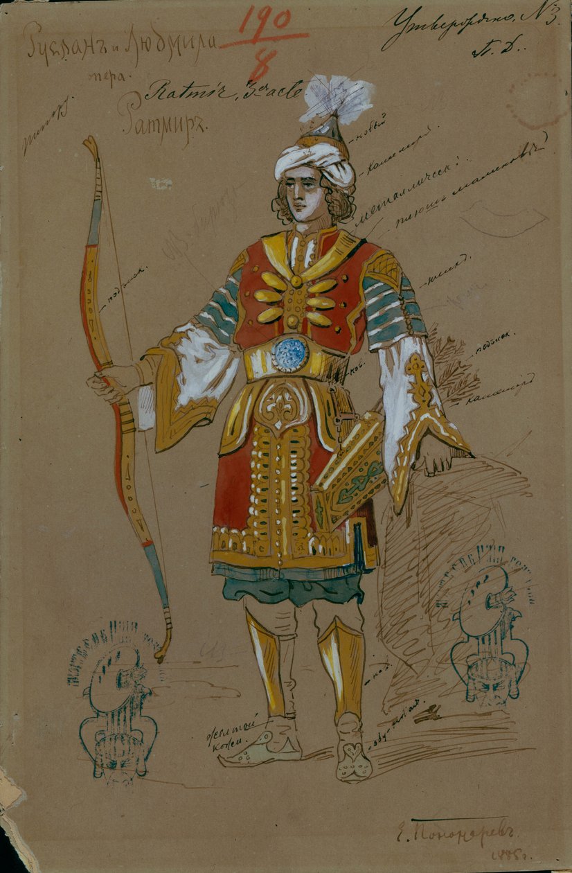 Diseño de vestuario para la ópera Ruslan y Lyudmila de M. Glinka, 1885 de Evgeni Petrovich Ponomarev