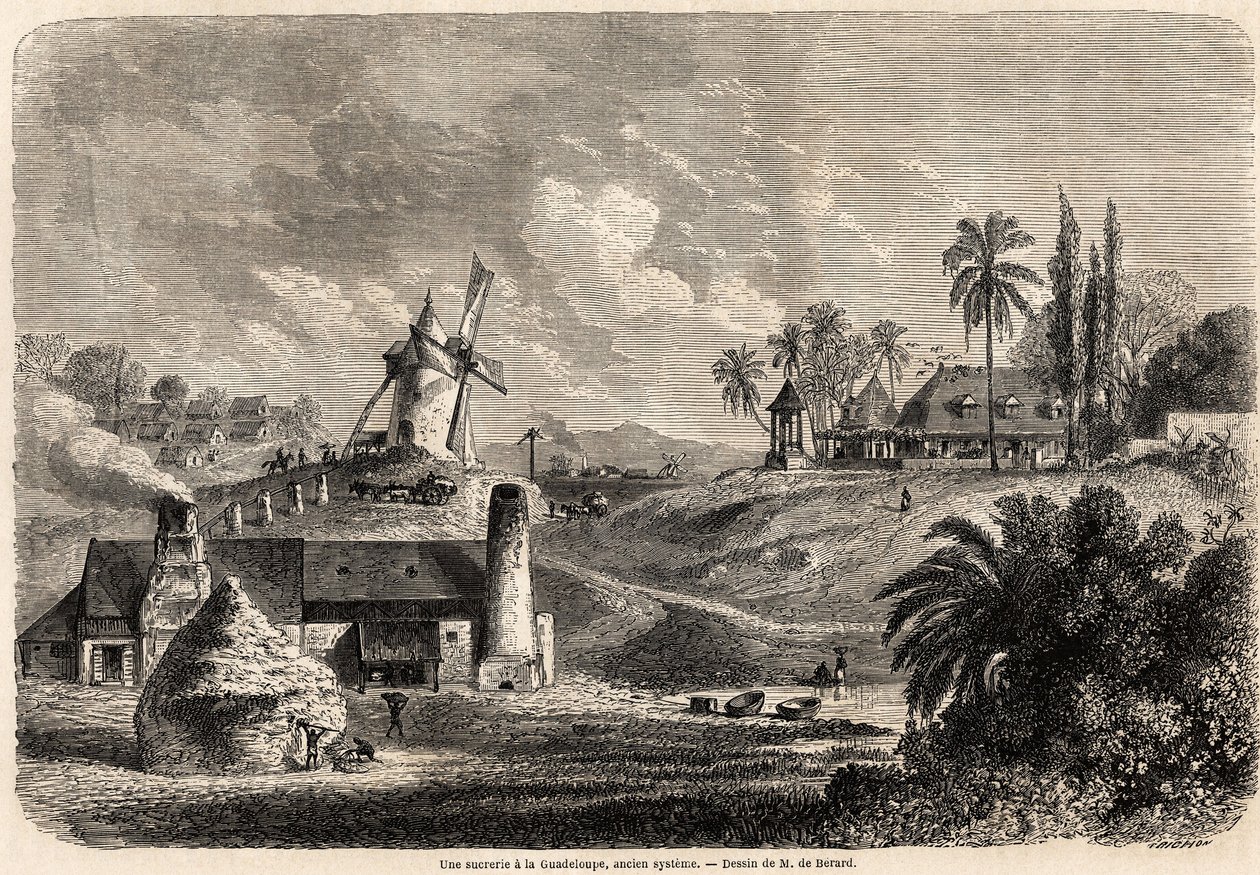 Una fábrica de azúcar en Guadalupe, para ilustrar los viajes a las Indias Occidentales, en 1858-1859, por Anthony Trollope. Grabado en "Le tour du monde, nuevo diario de viajes" París de Evremond de (after) Berard