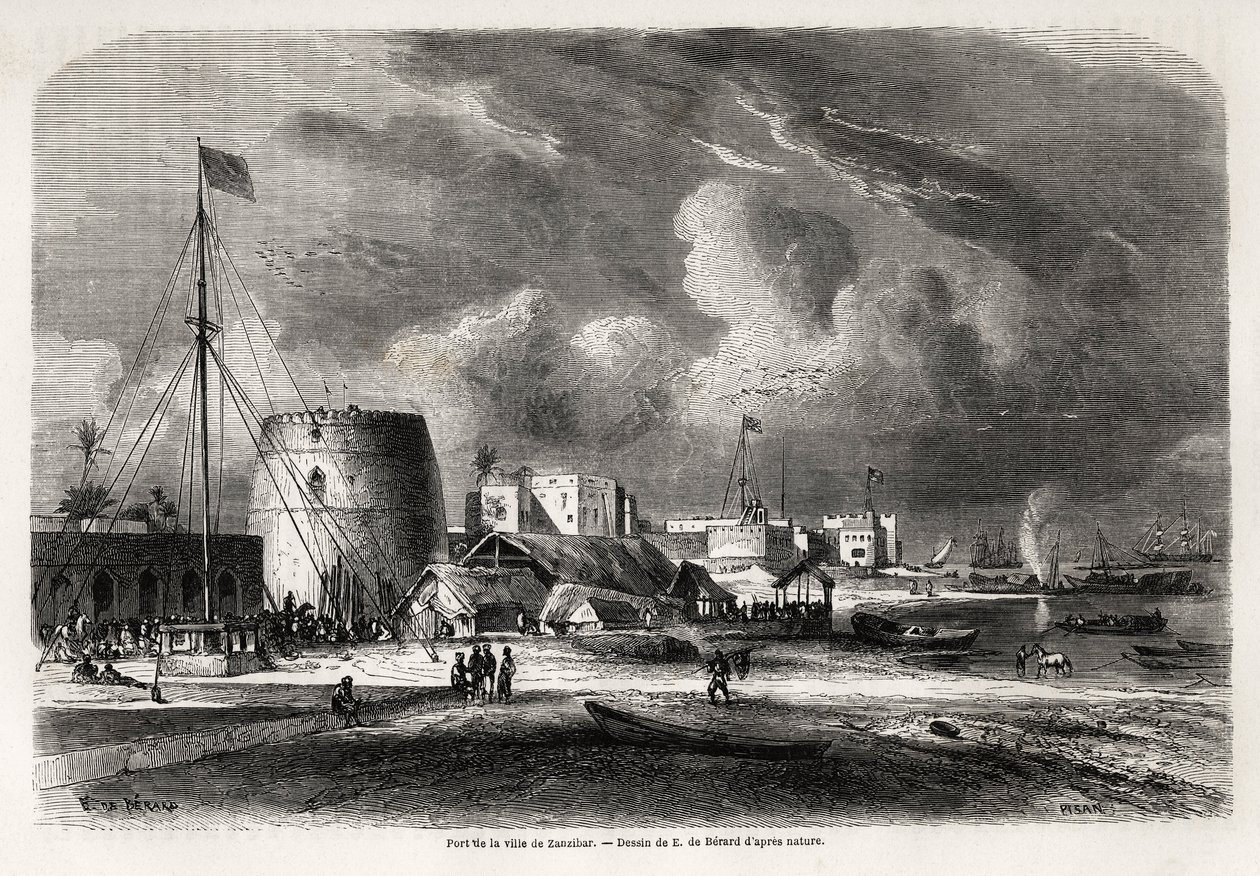 Puerto de la ciudad de Zanzíbar (actual Tanzania), dibujo de Evremond de Bérard (1824-1881), para ilustrar el viaje del Capitán Burton a los Grandes Lagos de África Oriental en 1857-1859. Grabado en "Le tour du monde, nouveau journal des voyages" París de Evremond de (after) Berard