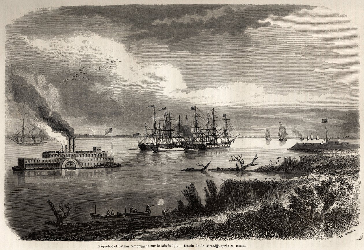 Barco y remolcador en el Mississippi, dibujo de Evremond Auguste de Berard (1824-1881), para ilustrar el viaje a Nueva Orleans en 1855 por Elysee (Elisee) Reclus (1830-1905). Grabado en “Le tour du monde, nouveau journal des voyages” París de Evremond de (after) Berard